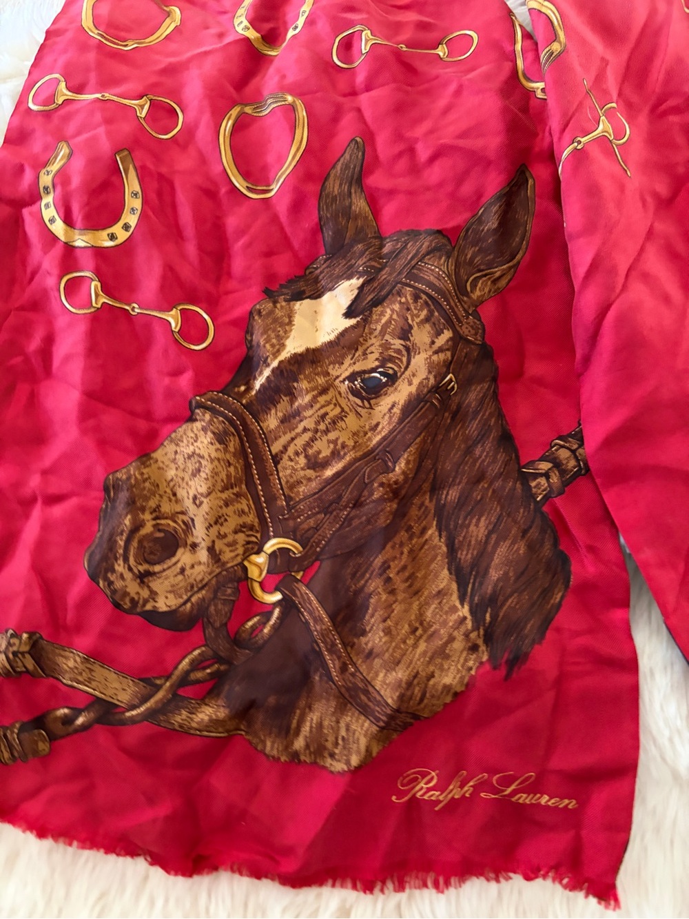 Equestrian Print Red Silk Scarf by Ralph Lauren Vintage ascot - Picture 5 of 14